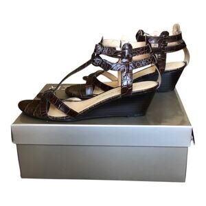 Marc Fisher Adonia Dark Brown Crocco Wedge Ankle Leather Sandals Women's Size 8M